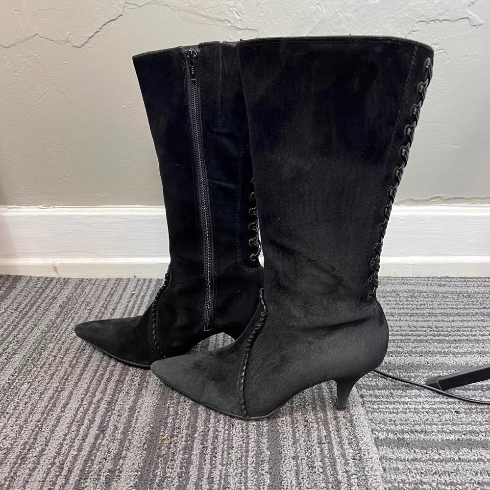 Gianni Bini black Whipstitch Lace Up mid calf Suede Boots